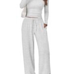 Trendy Queen Women's 2 Piece Matching Lounge Set Long Sleeve Side Ruching Top Wide Leg Drawstring Pants Set with Pockets
