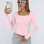 Trendy Queen Womens Long Sleeve Shirts Crop Tops Fall Fashion Solid Square Neck Going Out Basics Tees Y2k Clothes