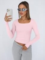 Trendy Queen Womens Long Sleeve Shirts Crop Tops Fall Fashion Solid Square Neck Going Out Basics Tees Y2k Clothes - Image 3