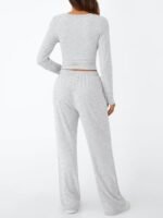 Trendy Queen Women's 2 Piece Matching Lounge Set Long Sleeve Side Ruching Top Wide Leg Drawstring Pants Set with Pockets - Image 4