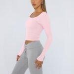 Trendy Queen Womens Long Sleeve Shirts Crop Tops Fall Fashion Solid Square Neck Going Out Basics Tees Y2k Clothes