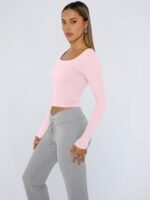 Trendy Queen Womens Long Sleeve Shirts Crop Tops Fall Fashion Solid Square Neck Going Out Basics Tees Y2k Clothes