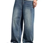 Men's Baggy Hip Hop Jeans Wide Leg Skater Denim Pants Casual Loose Fit Long Trousers Streetwear