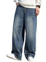 Men's Baggy Hip Hop Jeans Wide Leg Skater Denim Pants Casual Loose Fit Long Trousers Streetwear
