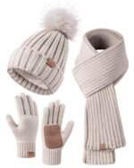 Winter Beanie Hat Scarf Gloves Set for Women, Womens Beanie with Pom Pom Long Scarf Neck Warmer Touchscreen Gloves 3 in 1 Set