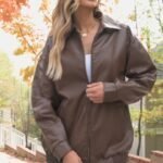 AUTOMET Women's Oversized Faux Leather Jacket - Fall Motorcycle Style Coat with Zipper Closure