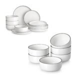 MALACASA Plates and Bowls Sets, 12 Pieces Modern Porcelain Dinnerware Set for 4 White Kitchen Dinner Dining Ware Set wtih Black Rim Ceramic Dishware Dishes Microwave and Dishwasher Safe, Series LUNA - Image 5