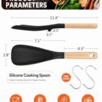 Cooking Spoon for Nonstick Cookwares, Great for Cooking and Serving Sturdy BPA-Free Matte Silicone, Wood Handle Spoon for Mixing, Scoop, and Scrape (Black & Grey, 11.4 inch)