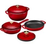 Best Choice Products Non-Stick Pot & Pan Cookware Set, Cast Iron, 2Qt Skillet W/Lid, 10" Grill Or Griddle Pan W/Press, 6Qt Enameled Dutch Oven, Non-toxic, For Cooking & Grilling - Red