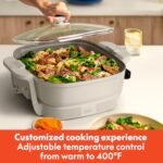 bella Make & Take Electric Skillet, Fits-anywhere™ kitchenware, EverGood™ Ceramic Coating, Adjustable Temperature & Dishwasher-Safe Tempered Glass Lid, Cast Aluminum Base, 1200 Watt, Oatmilk - Image 6