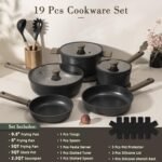 Astercook Non Stick Pots and Pans Set, Healthy Non-Toxic Titanium Induction Kitchen Cookware Sets for Cooking with Frying Pans, PFAS/PTFE/PFOA & PFOS Free, Black, 19 Pcs