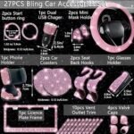 NBTEPEM 27-Piece Bling Car Accessories Set - Universal Fit Steering Wheel Covers, License Plate Frames, Phone Holder, Car Fast Charger, Coasters (Pink)
