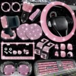 NBTEPEM 27-Piece Bling Car Accessories Set - Universal Fit Steering Wheel Covers, License Plate Frames, Phone Holder, Car Fast Charger, Coasters (Pink) - Image 6